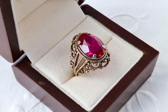 Vintage Soviet Ruby Ring 875 Silver with Gold Pla… - image 3