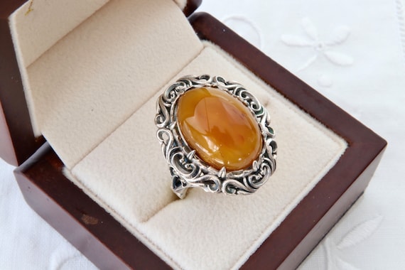Sterling silver ring with natural amber, Filigree… - image 3