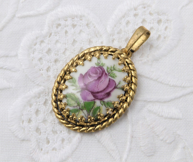 Hand-Painted Roses on Porcelain Vintage Czech Porcelain Pendant