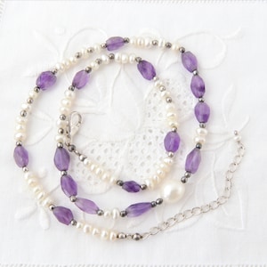Amethyst necklace, Beads necklace, Sterling silver necklace with pearl and amethyst, Purple necklace