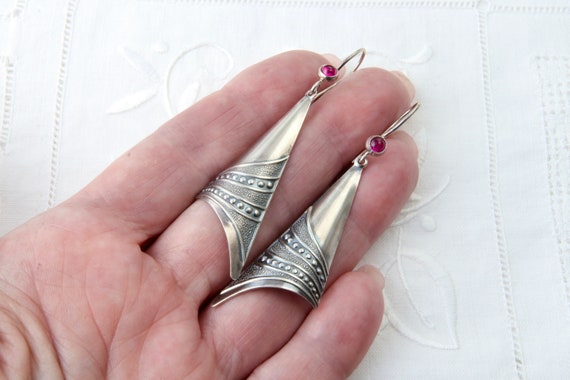 Sterling silver ruby earrings, Long triangular ea… - image 3