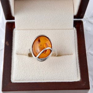 Amber ring, Sterling silver ring with amber, Minimalistic oval ring natural Baltic amber, Cognac amber