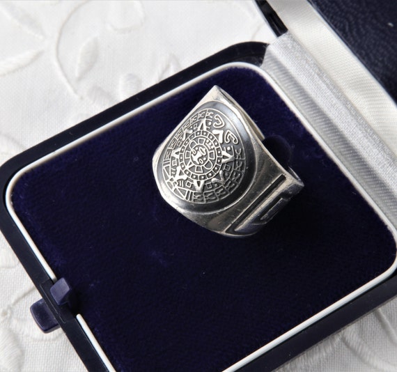 Aztec Calendar Silver Ring, Wide Ring, Oxidized Si