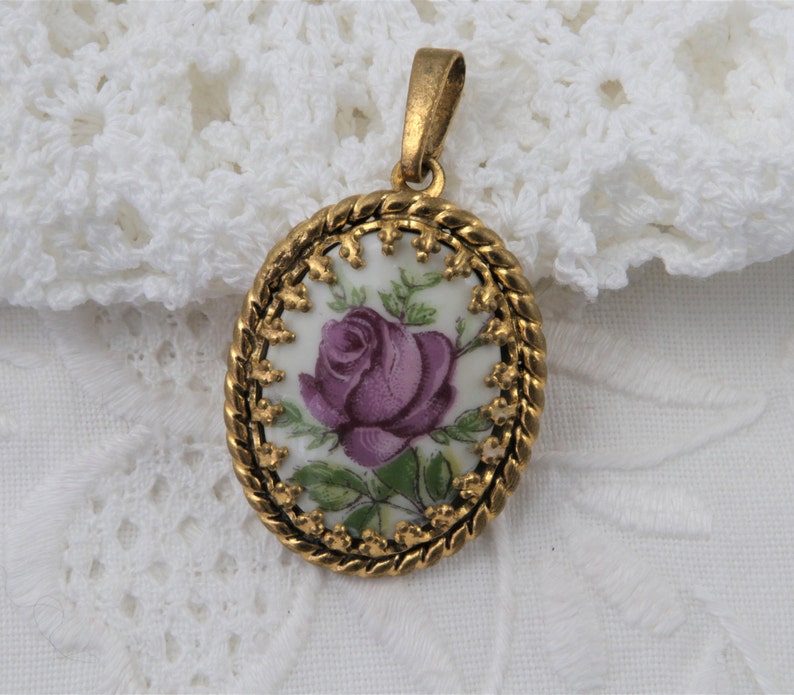 Hand-Painted Roses on Porcelain Vintage Czech Porcelain Pendant