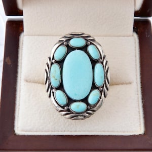 Sterling silver turquoise ring, Large oval handmade ring, Vintage silver ring of natural turquoise
