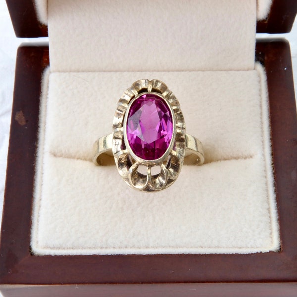 Bague en or avec tourmaline, argent sterling 875 avec placage à l'or, bague en argent soviétique avec tourmaline rose, bague en argent vintage période soviétique