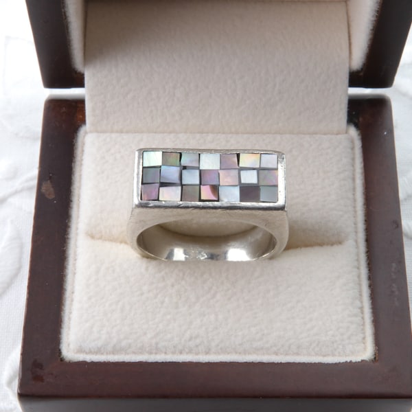 Bague en argent sterling avec nacre, Bague rectangulaire avec nacre multicolore, Bague en argent unisexe, Bague avec oreiller plat