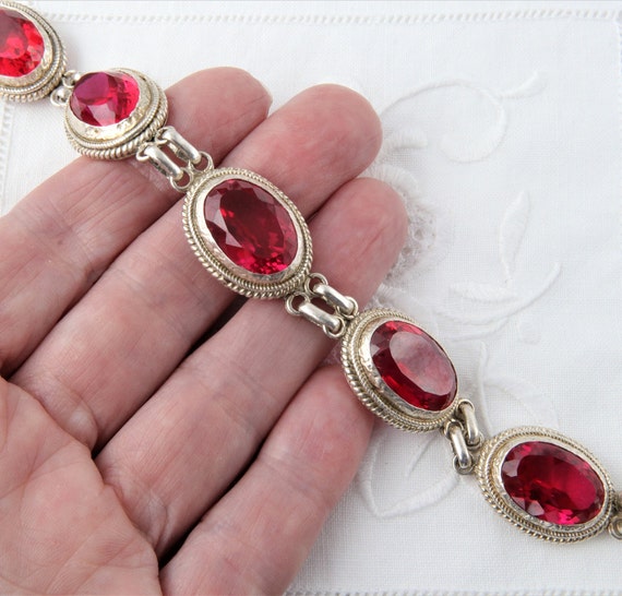 Sterling silver ruby bracelet, Large oval links b… - image 3