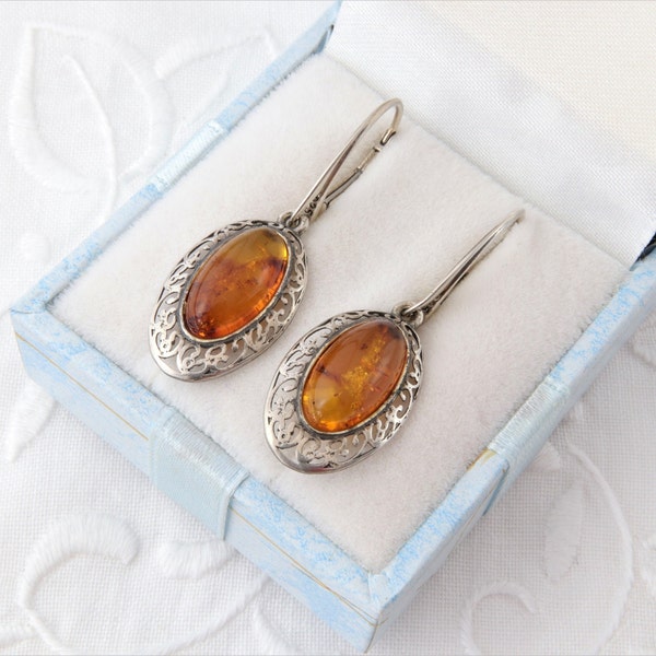 Long earrings with amber, Silver earrings baltic amber, Drop earrings, Filigree earrings, Sterling earrings gemstone natural amber