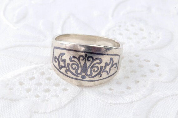 Solid stripe sterling silver ring, Black floral p… - image 5
