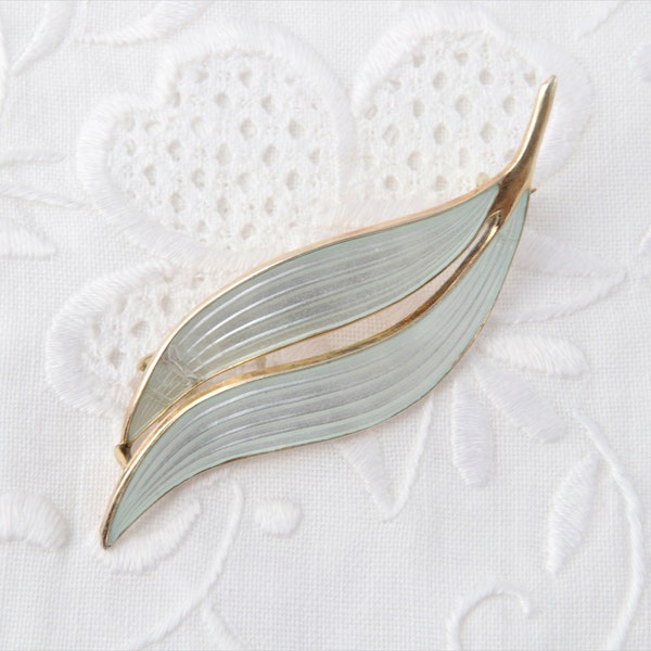 Sterling silver brooch enamel White enamel brooch shape leaf Norwegian sterling silver brooch with enamel Vintage Scandinavian enamel brooch