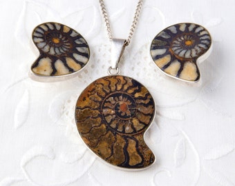 Sterling silver earrings with fossilized ammonite. Sterling necklace with ammonites, Large clip earrings, Silver jewelry set of ammonites