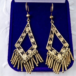Boucles d’oreilles en filigrane d’or, boucles d’oreilles en argent sterling plaqué or, boucles d’oreilles longues pendantes en filigrane ajouré, boucles d’oreilles en argent vintage