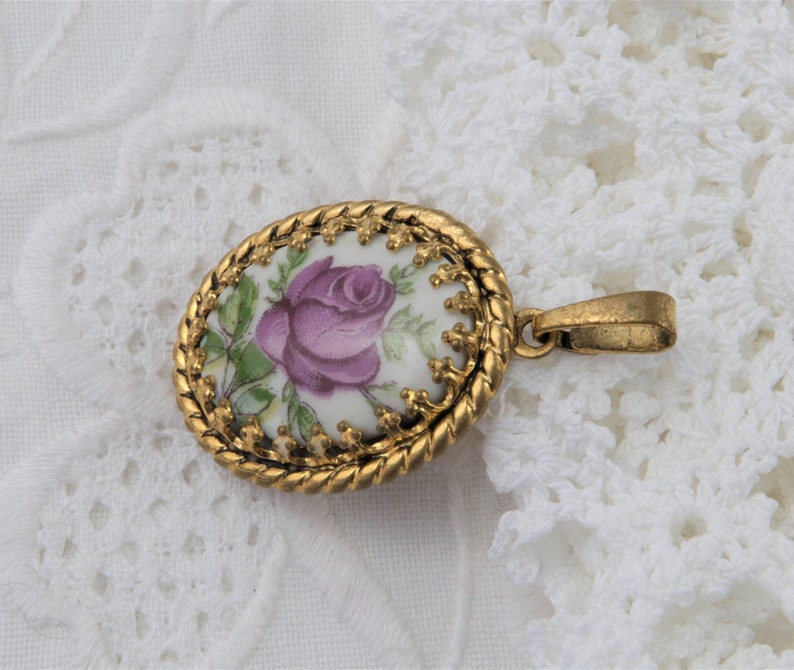 Hand-Painted Roses on Porcelain Vintage Czech Porcelain Pendant