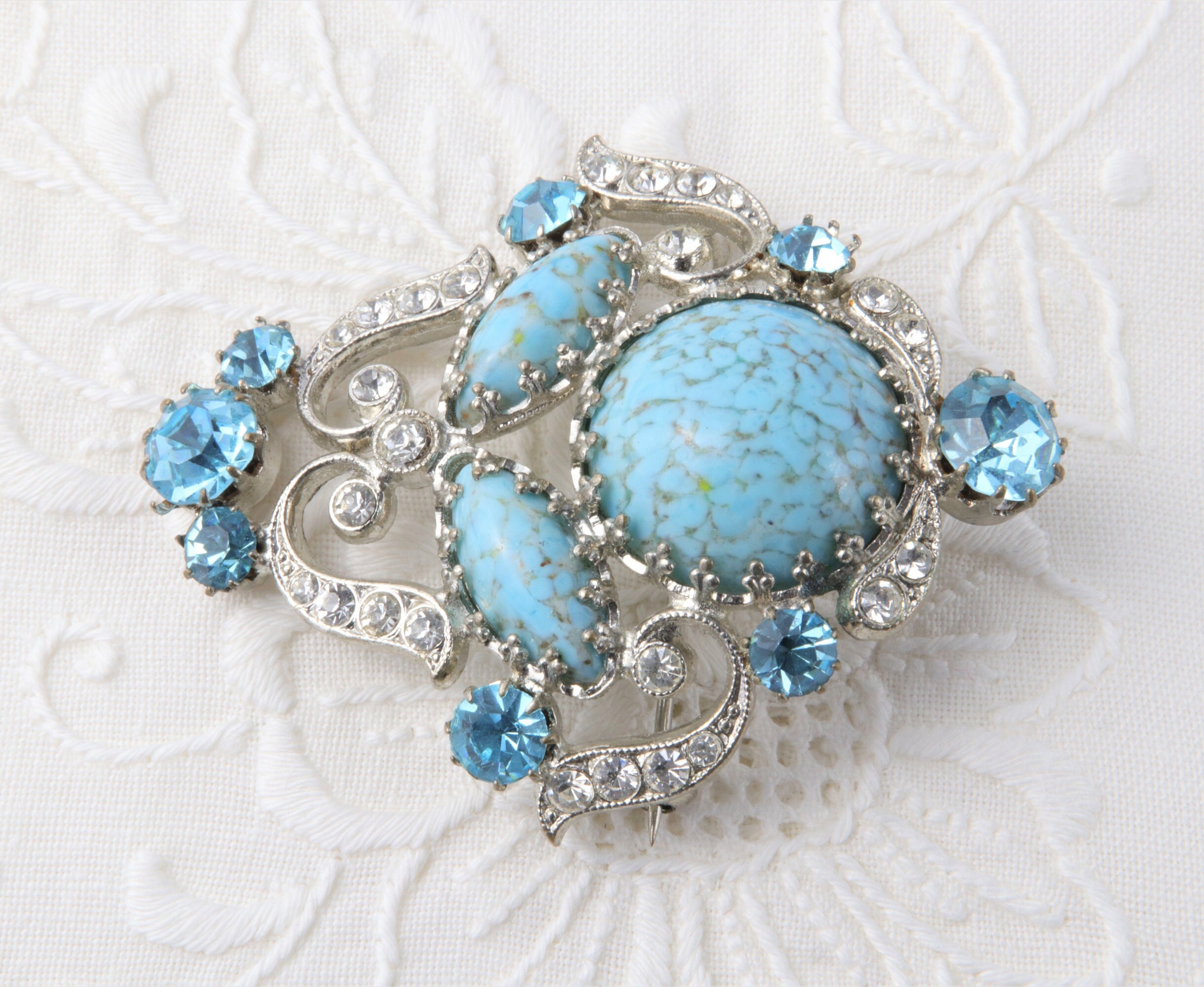Vintage Turquoise Brooch Peking Glass Rhinestone Blue Etsy