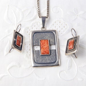 Coral sterling silver necklace and earrings, Geometric silver jewelry, Vintage sterling set jewelry red coral