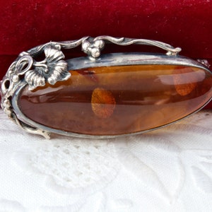 Large sterling silver brooch with amber, Oval brooch with natural baltic amber, Vintage handmade silver brooch