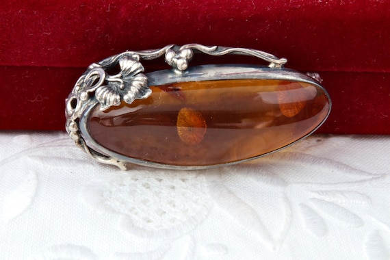 Large sterling silver brooch with amber, Oval bro… - image 1