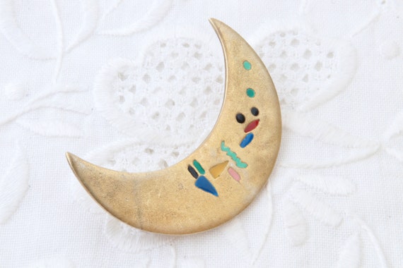 Sterling silver moon brooch, Golden moon, Silver … - image 5