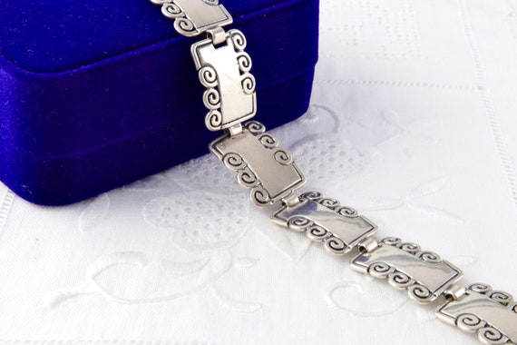 Sterling silver wide bracelet, Rectangular links … - image 1