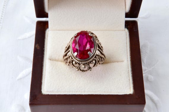 Vintage Soviet Ruby Ring 875 Silver with Gold Pla… - image 1