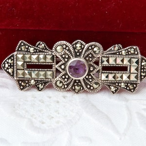 Art deco sterling silver amethyst brooch, Long narrow brooch, Vintage silver marcasite brooch