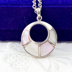 Round sterling silver mother of pearl pendant, 925 sterling silver necklace pink mother of pearl