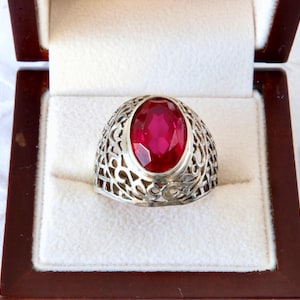 Vintage Soviet Filigree 875 Silver Ring, Red Ruby, Size 10