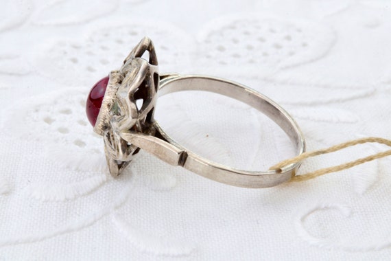 Soviet ruby ring, Sterling silver flower ring wit… - image 6