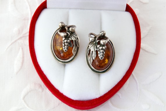 Silver earrings amber, Sterling earrings clip nat… - image 1