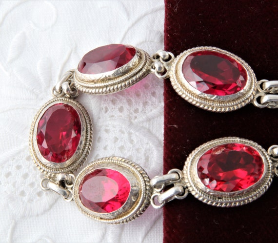 Sterling silver ruby bracelet, Large oval links b… - image 10