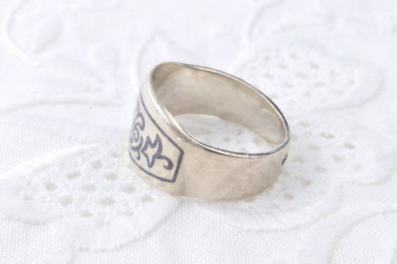 Solid stripe sterling silver ring, Black floral p… - image 6