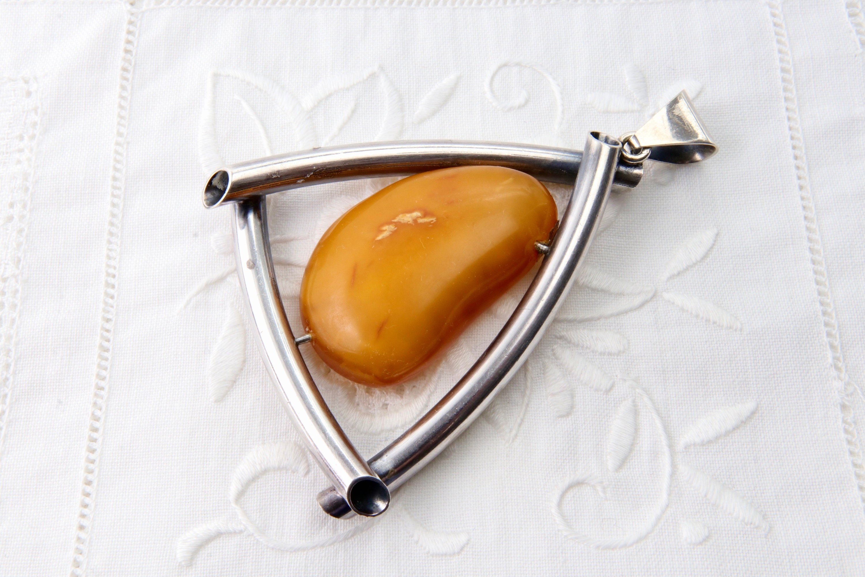Pendentif Poire En Argent 925 Avec Ambre - Bijou Vintage - Neuf Sans Emballage