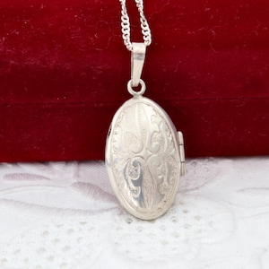 Silver locket for photo, Oval engraved locket, 835 silver necklace with locket