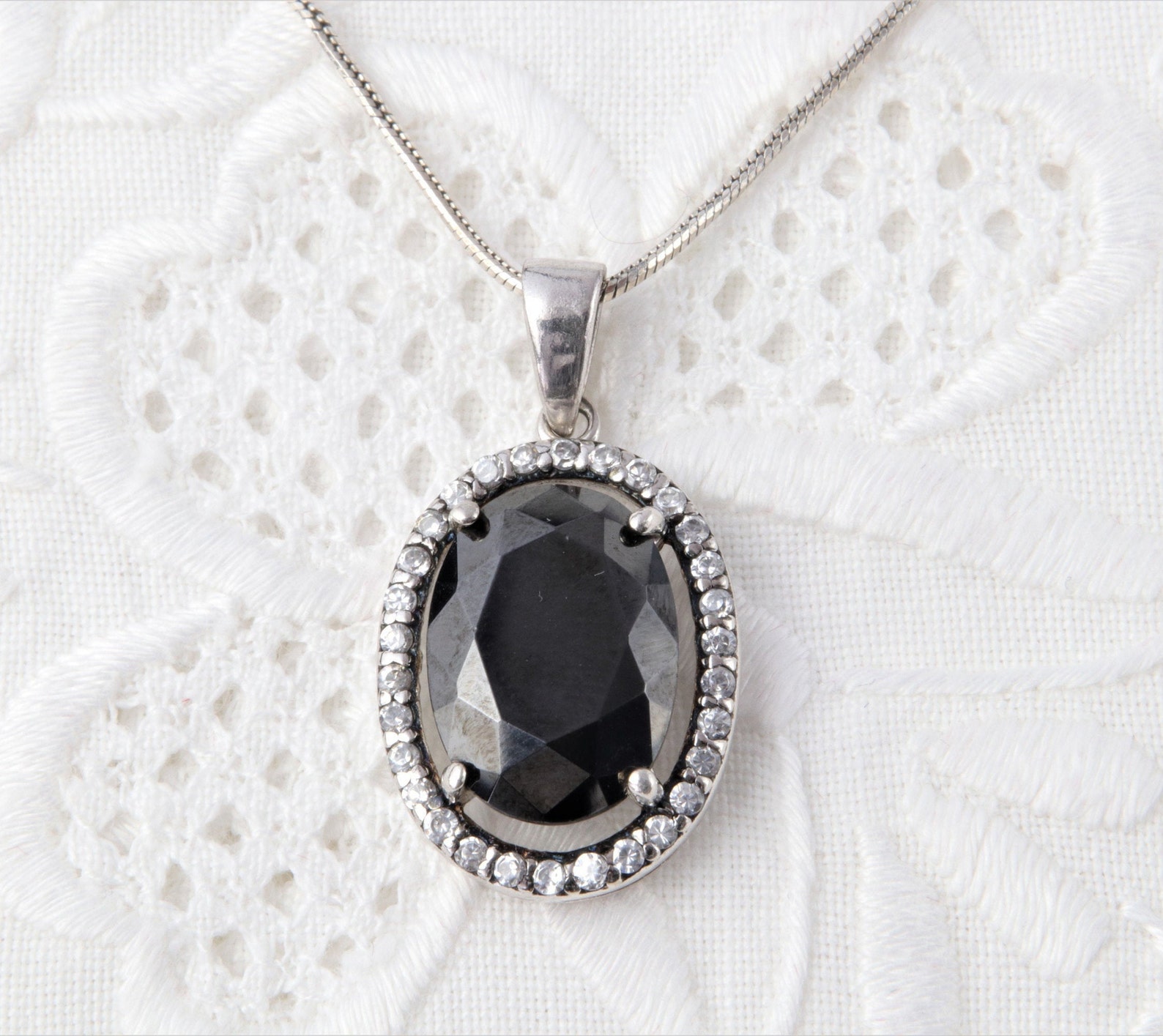 Black Cubic Zirconia Silver Necklace with Black Stone Chain Etsy