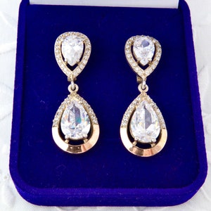 White rhinestones sterling silver earrings, Dangle drop earrings, 925 sterling silver 375 gold earrings Wedding gold earrings