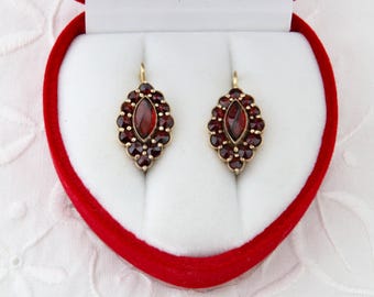 Victorian Bohemian garnet pyrope earrings, Sterling silver 900 with gold plated, Flower earrings with red garnet, Vintage silver earrings