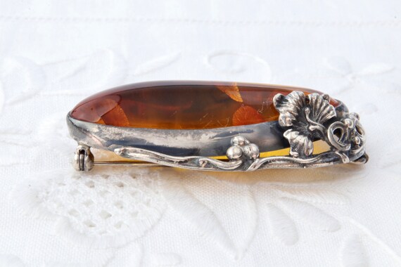 Large sterling silver brooch with amber, Oval bro… - image 5