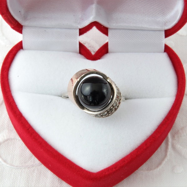 Bague en argent massif avec la boule noire, Bague agate noire, Bague dorée, Bague argent massif et or, Bague noire ronde