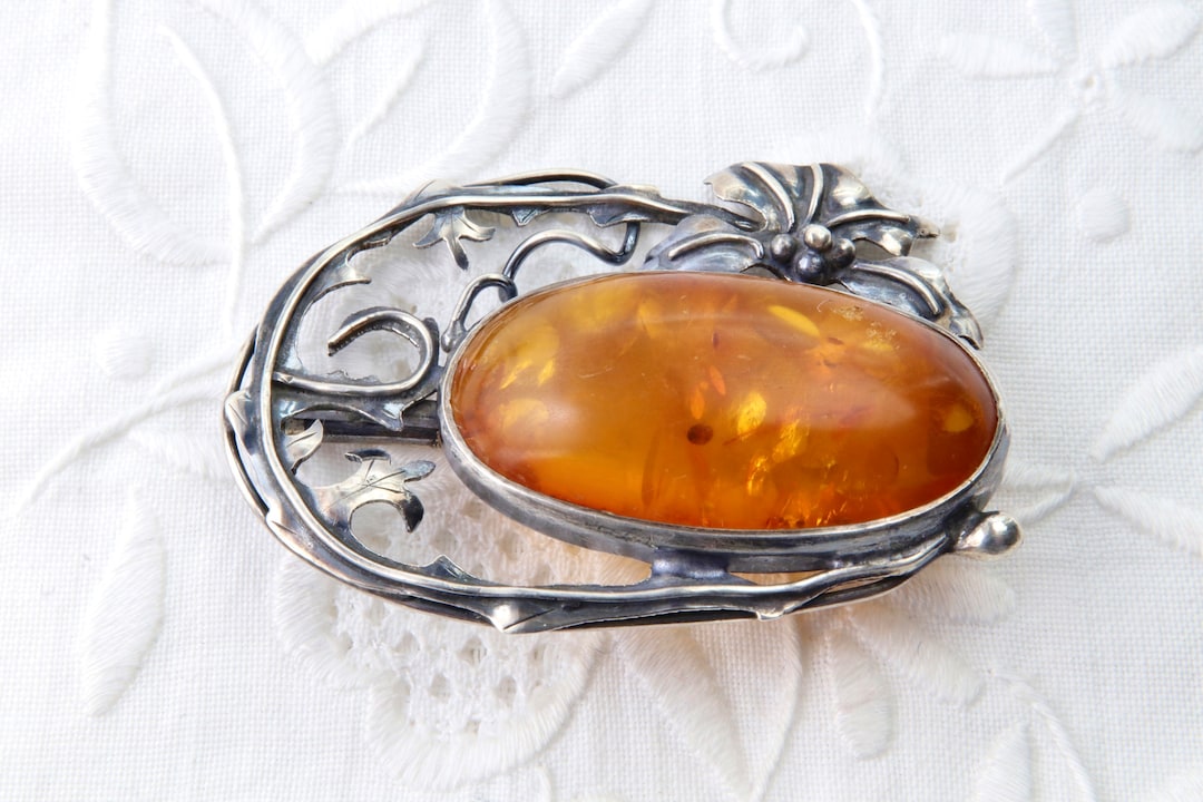 Large Sterling Silver Brooch With Amber, Filigree Brooch With
