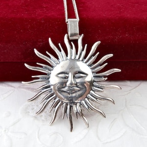 Sterling silver necklace with sun pendant, Large round silver sun with rays