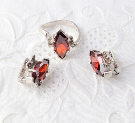 Garnet Ring, Garnet Earrings, Silver Set of Garnet