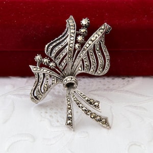 Sterling silver flower brooch, Marcasite brooch,  Flower bouquet silver brooch