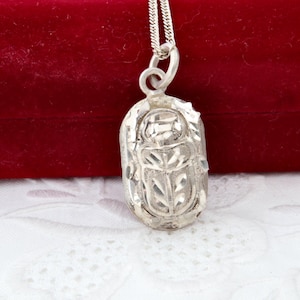 Silver Egyptian scarab beetle pendant, Sterling silver scarab beetle necklace