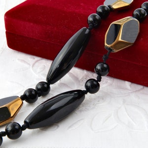 Vintage handmade necklace black agate and glass beads, Black chunky beads long necklace