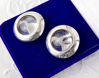 Pendientes de plata de ley con cristal de roca, Pendientes clip redondos grandes, Pendientes blancos, Pendientes vintage de plata con piedra blanca