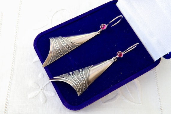 Sterling silver ruby earrings, Long triangular ea… - image 1