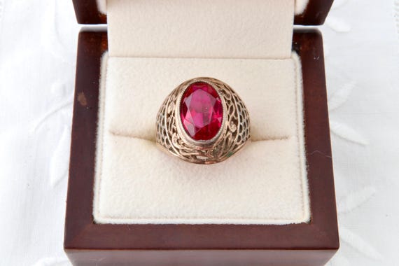 Silver ring red ruby, Vintage Soviet 875 silver r… - image 1