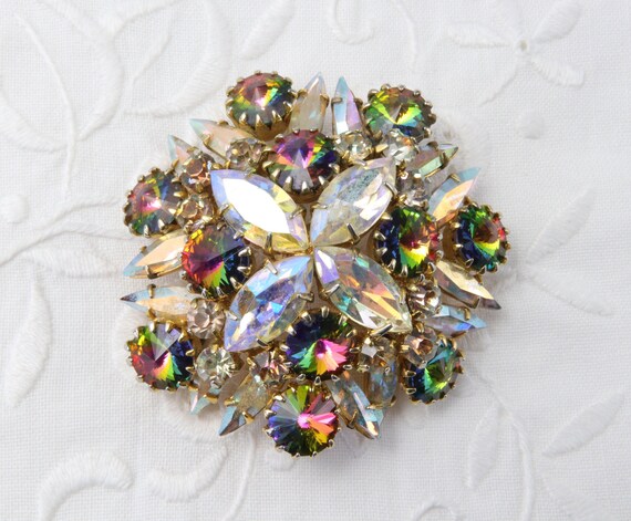 Flower brooch with rhinestones aurora borealis, V… - image 3