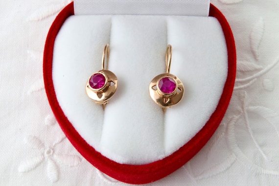 Soviet gold earrings with ruby, Red ruby earrings… - image 1